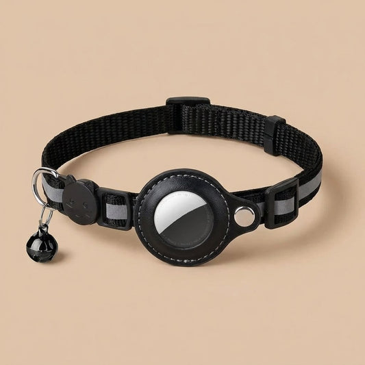 Black reflective AirTag cat collar with bell and AirTag in holder, looped studio shot