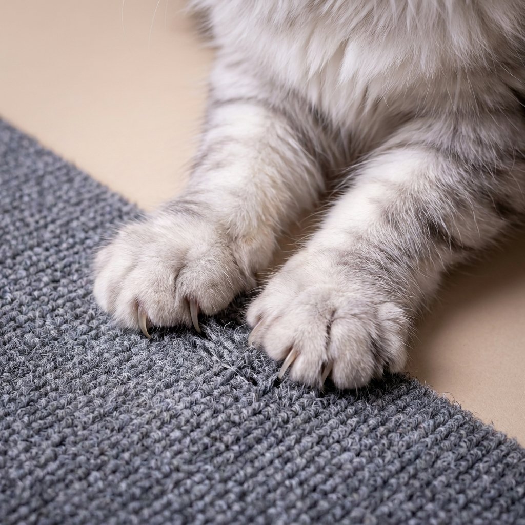 Close-up of grey cat claws digging into dark grey ribbed anti-scratch mat