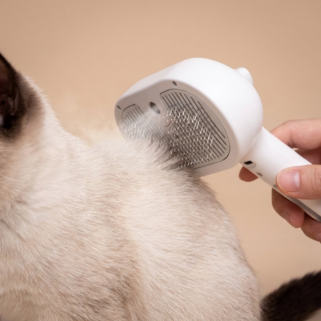 Hand misting cream cat fur with white Casa Michi steam grooming brush