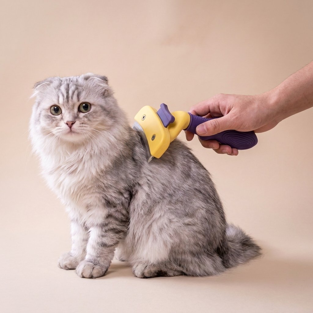 Hand grooming fluffy grey Scottish Fold with purple and yellow deshedding comb