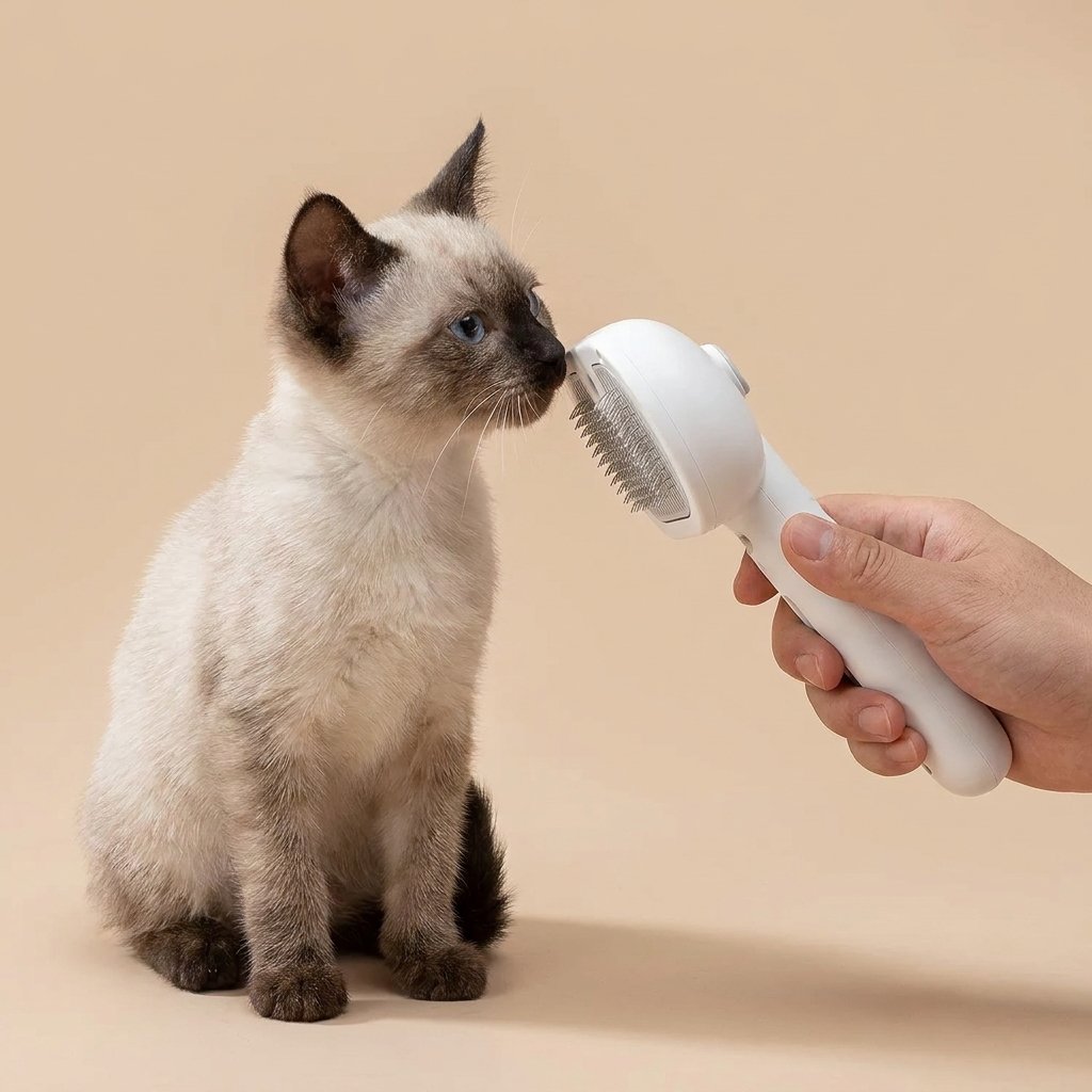 Siamese kitten sniffing white Casa Michi steam grooming brush held in hand