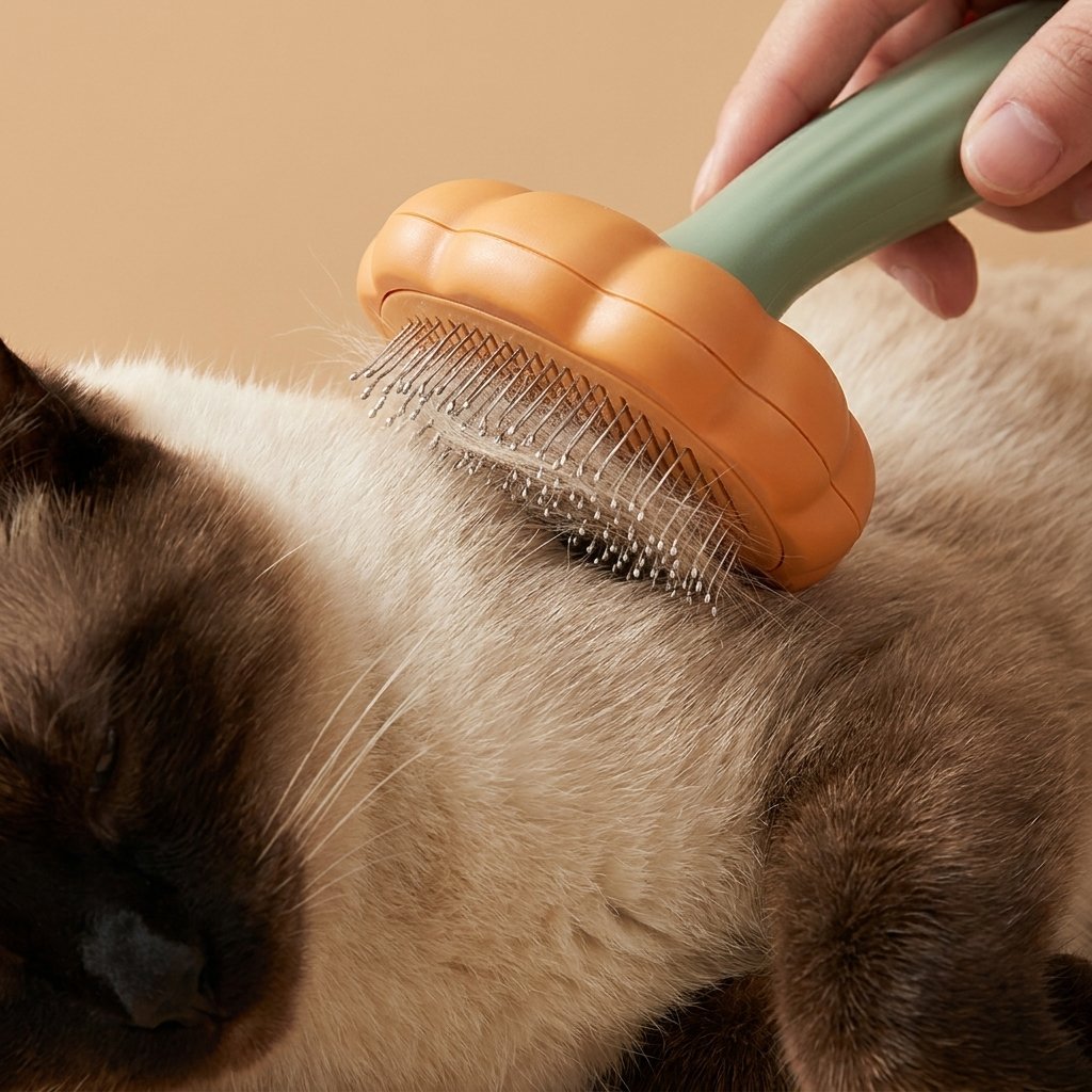 Close-up of pumpkin slicker brushing Siamese cat shoulder with fur in bristles