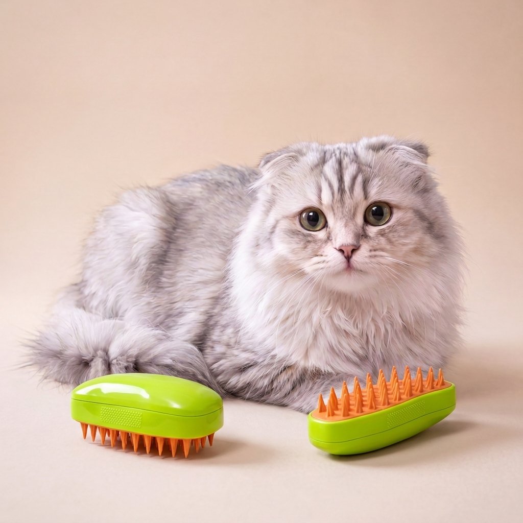 Fluffy grey cat beside a lime green steamy brush and its orange-bristle underside on tan background
