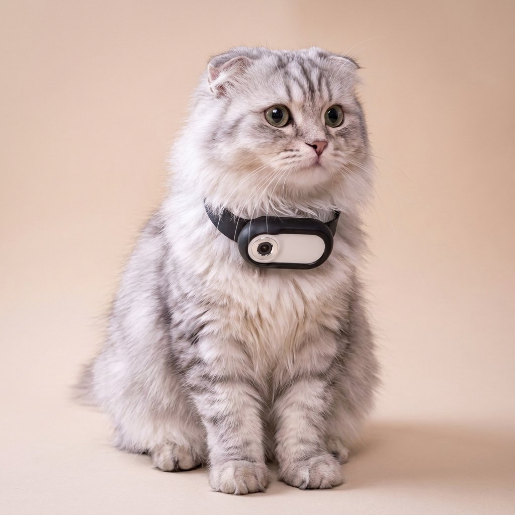 Grey tabby wearing black and white Casa Michi camera collar, front sitting view