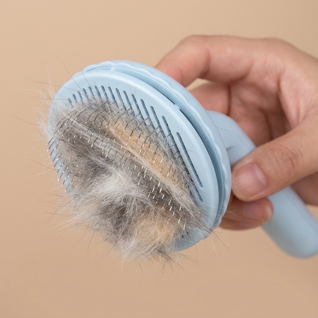 Hand holding pastel blue self-cleaning slicker brush with grey fur in bristles, second angle