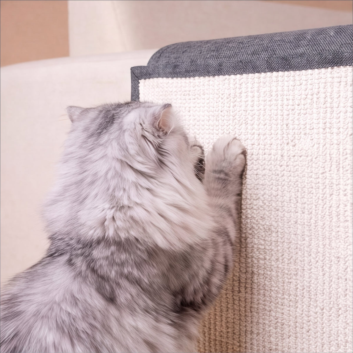 Close-up of fluffy grey cat paws on cream sisal sofa scratch protector
