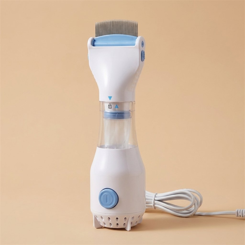White electric flea comb side view showing power button and transparent chamber