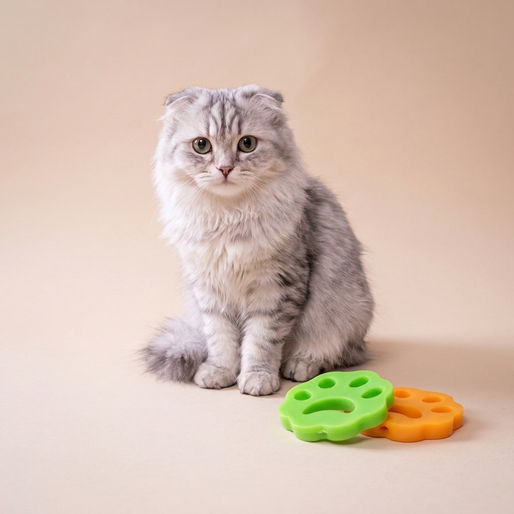 Grey Scottish Fold sitting with lime green and orange paw cat hair removers in front
