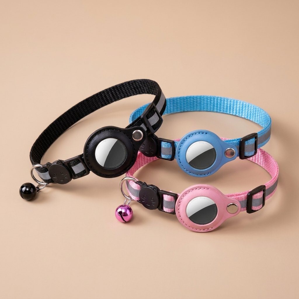 Black blue and pink AirTag cat collars overlapping, AirTags visible in holders