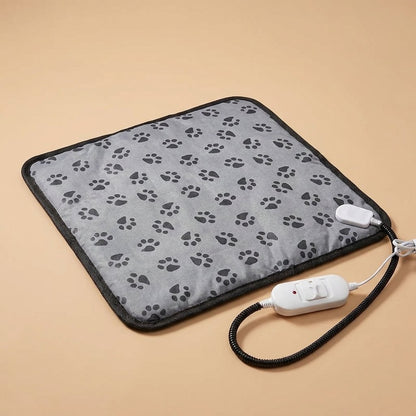 Grey paw-print heated cat mat with black border and white temperature controller