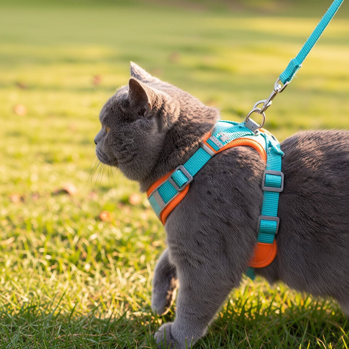 Grey cat in profile walking on grass in a teal and orange mesh harness with leash