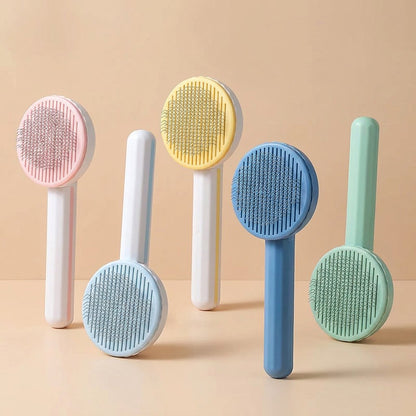Self-cleaning slicker brush color or angle variant on tan background