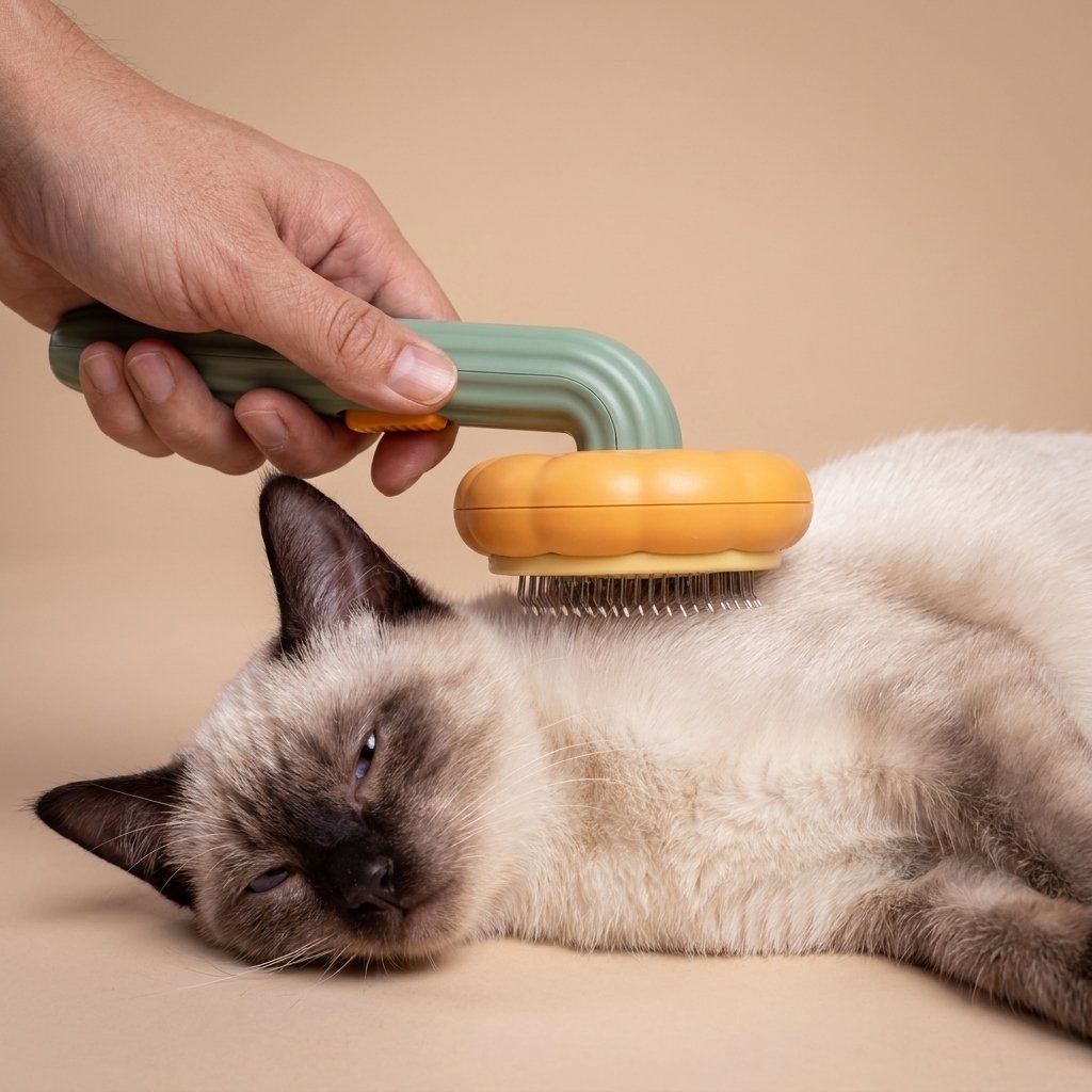Siamese cat being brushed with sage green and orange pumpkin slicker brush