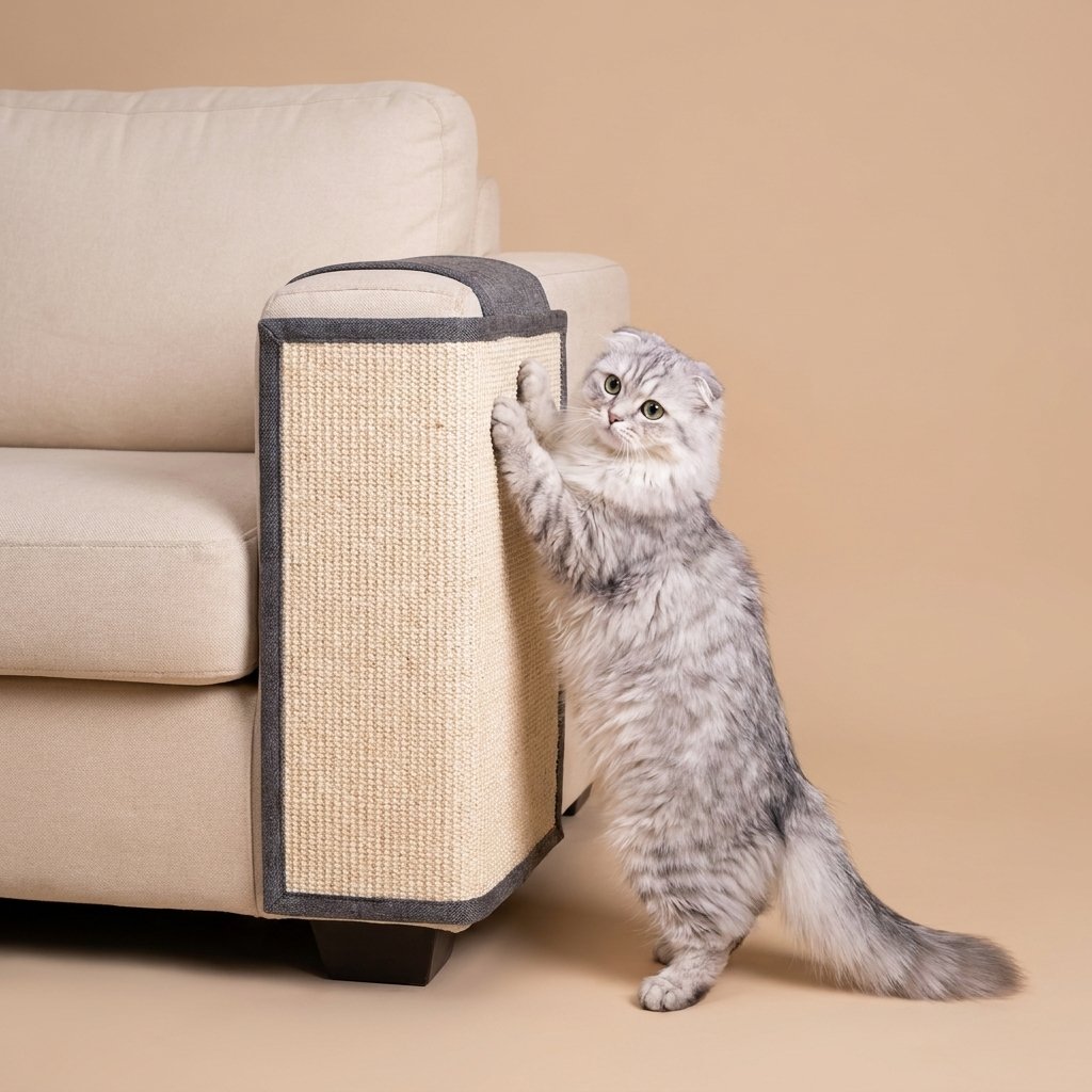 Grey Scottish Fold standing to scratch sisal sofa protector on beige couch corner