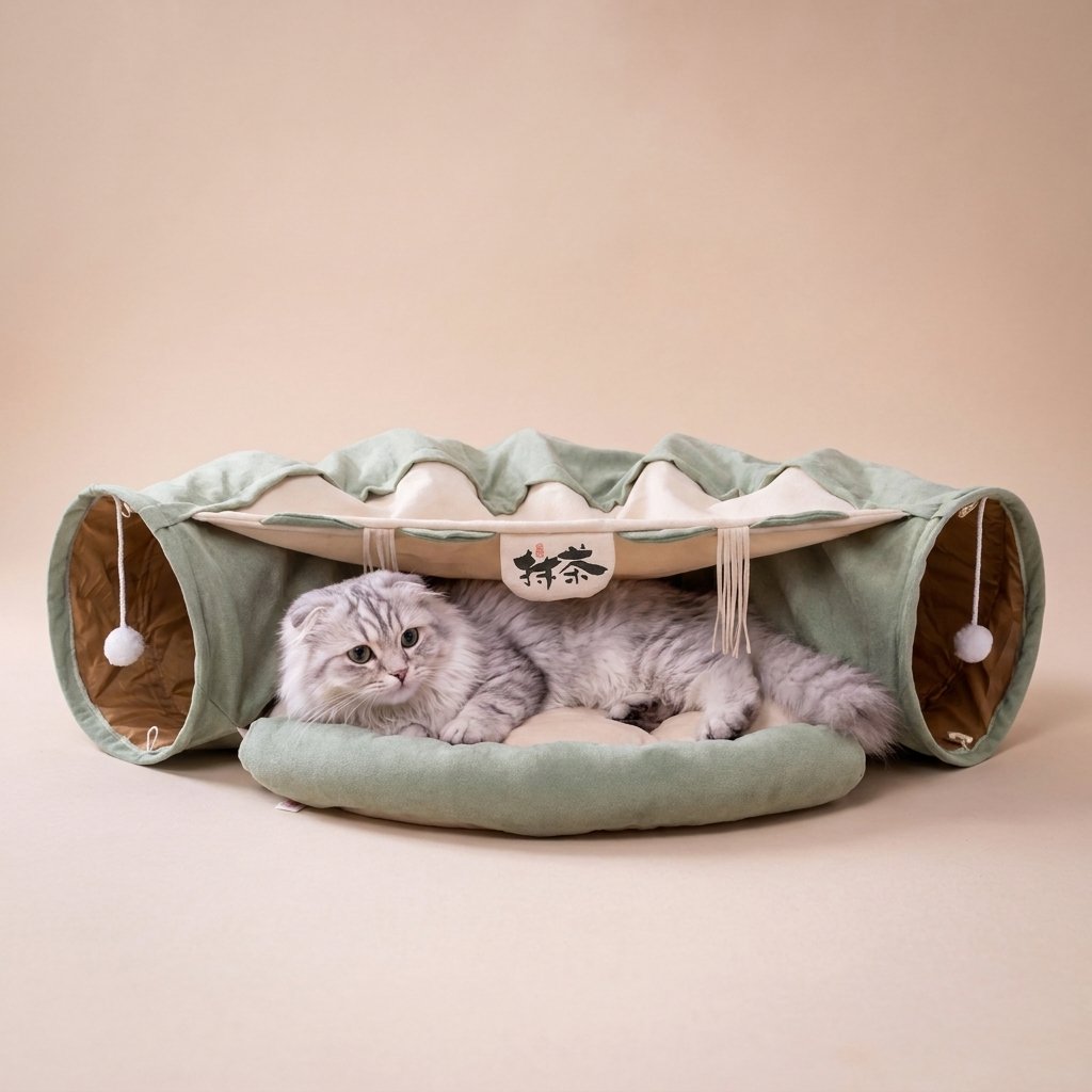 Long-haired grey Scottish Fold resting in sage green clam-style dual tunnel bed