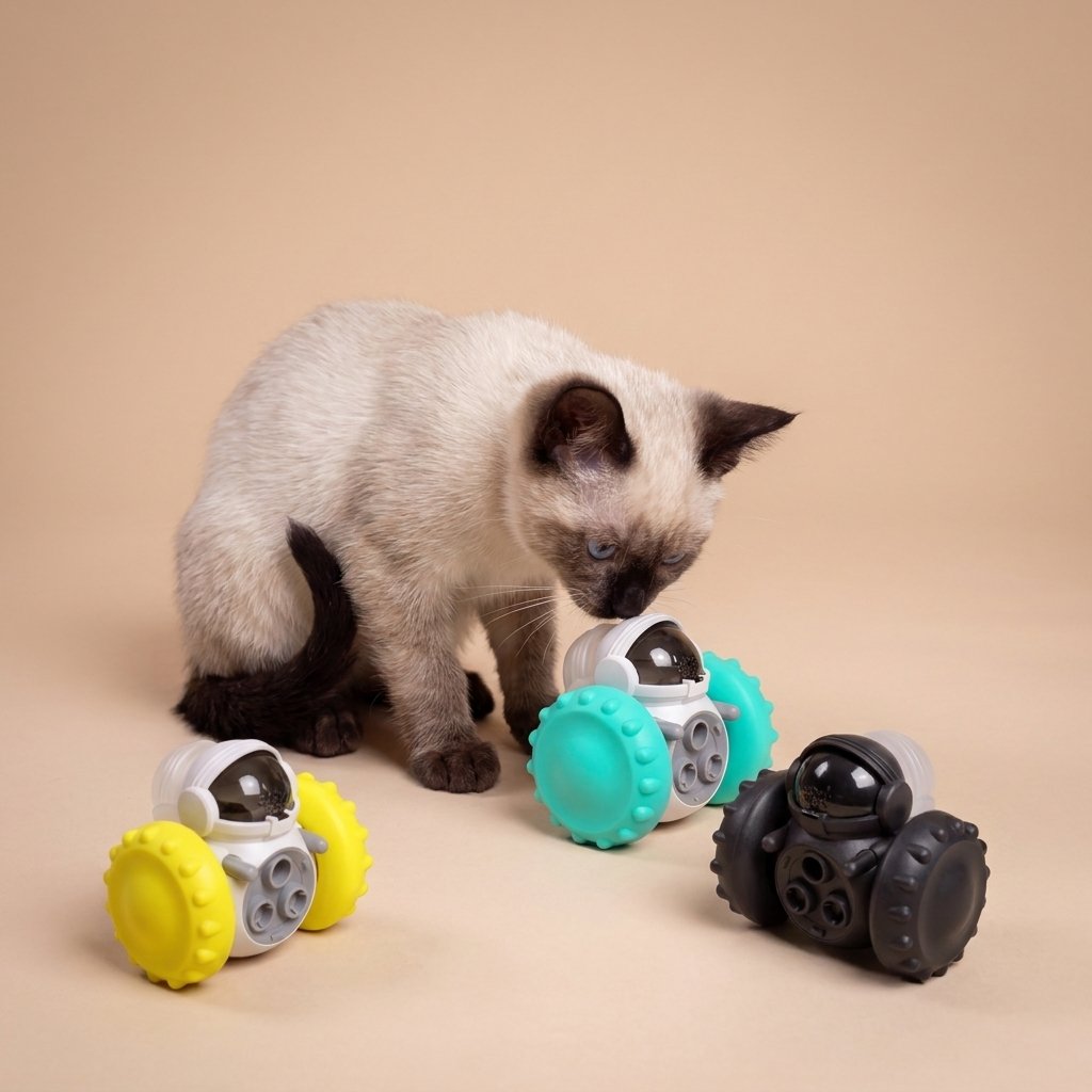 Siamese kitten sniffing a teal-wheeled robot treat dispenser beside yellow and black toys