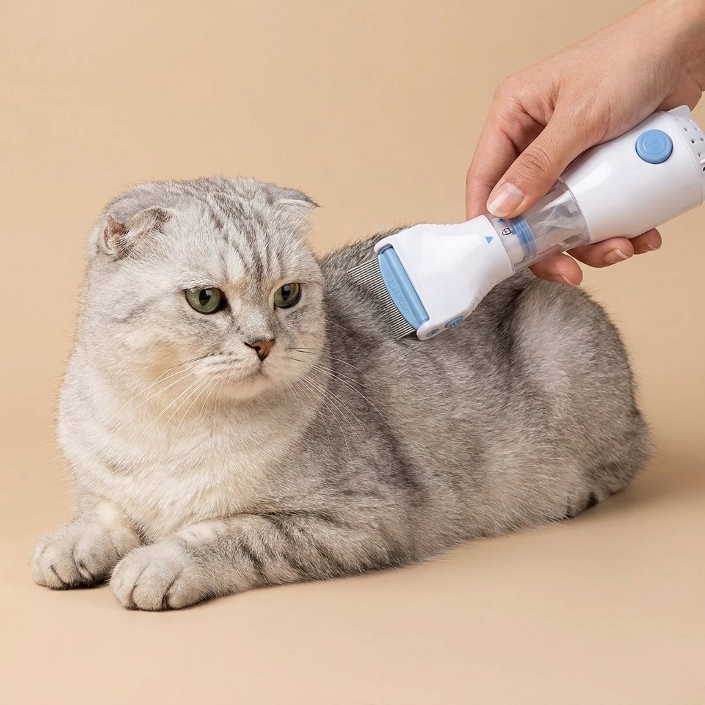 Hand grooming grey tabby with white and blue electric flea comb along the back