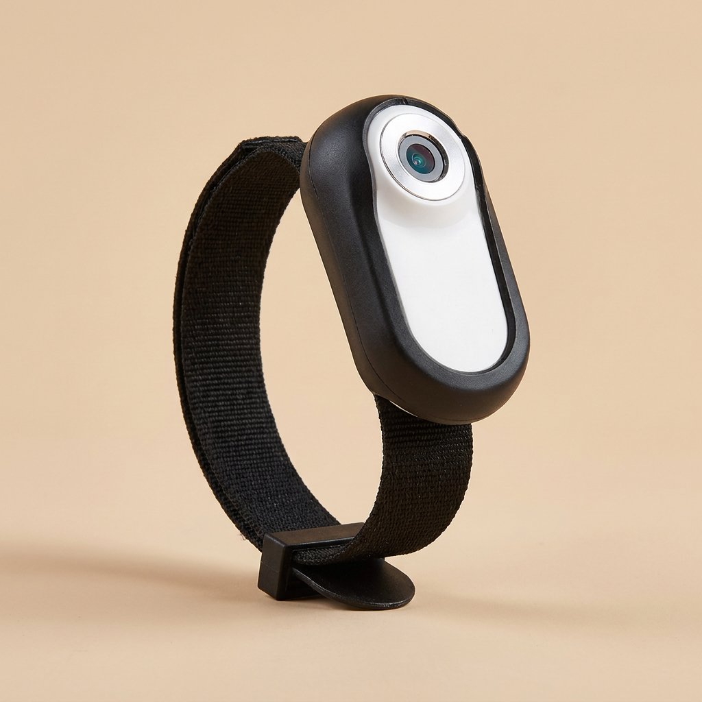 Black and white cat camera on woven black strap, front-facing studio product shot