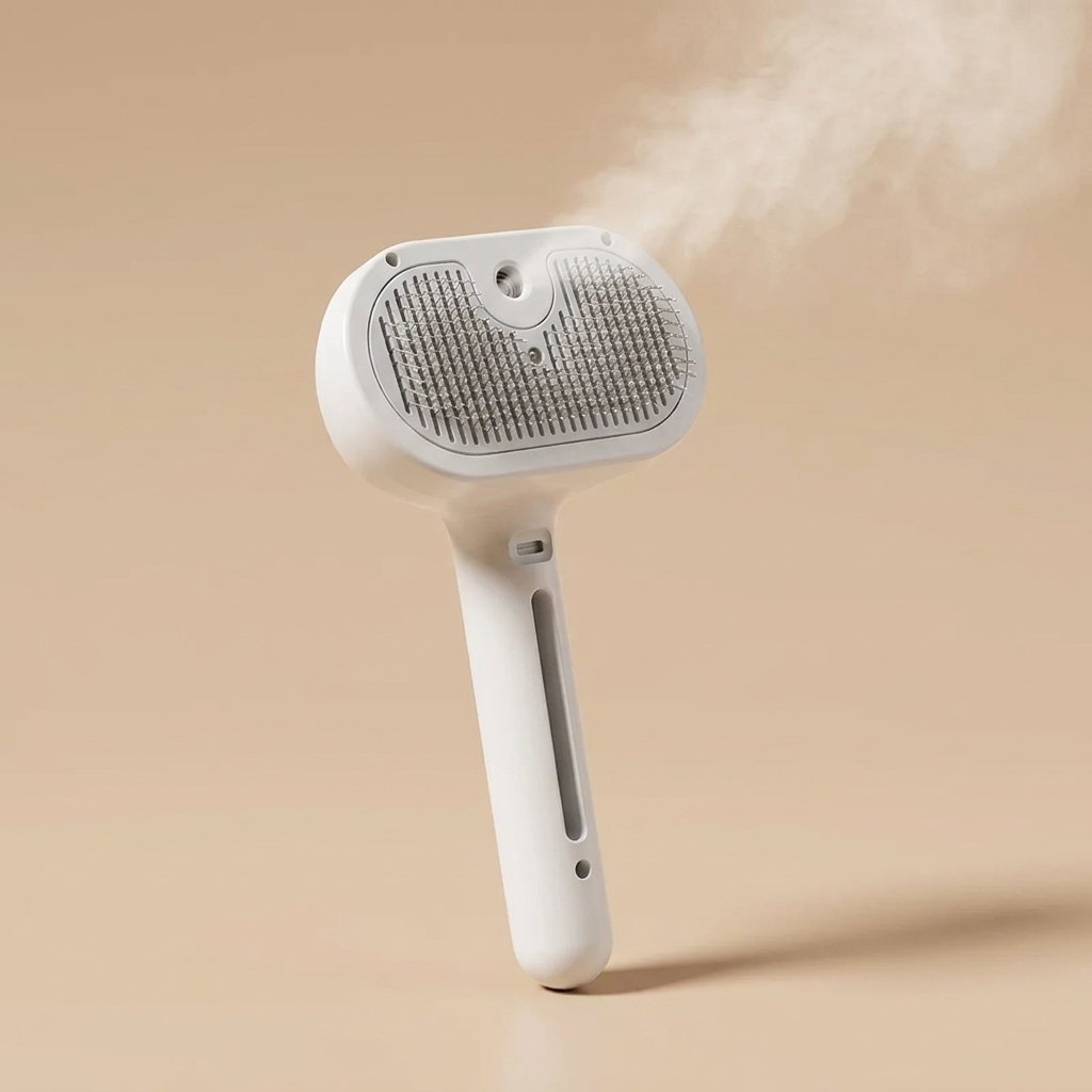 White steam grooming brush upright releasing mist from center nozzle