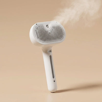 White steam grooming brush upright releasing mist from center nozzle