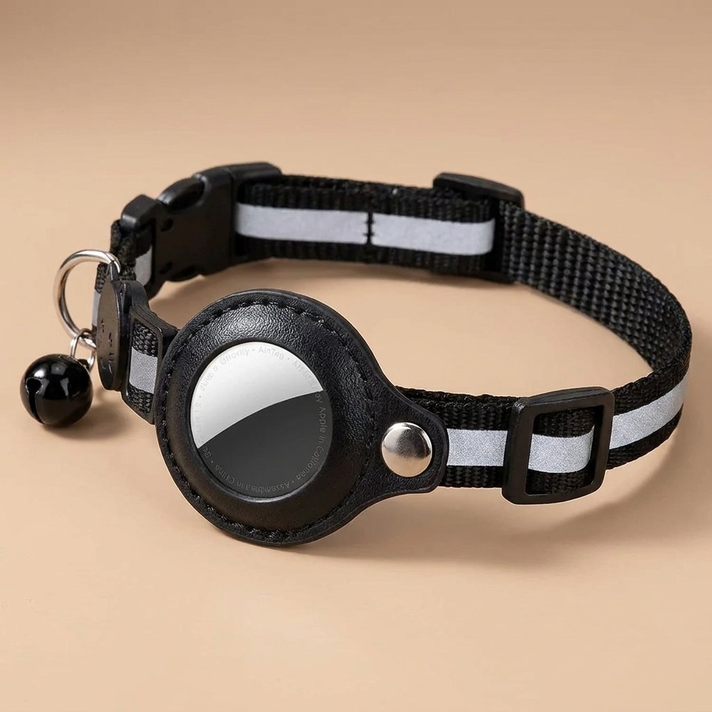 Black reflective AirTag cat collar circular layout with snap holder and black bell