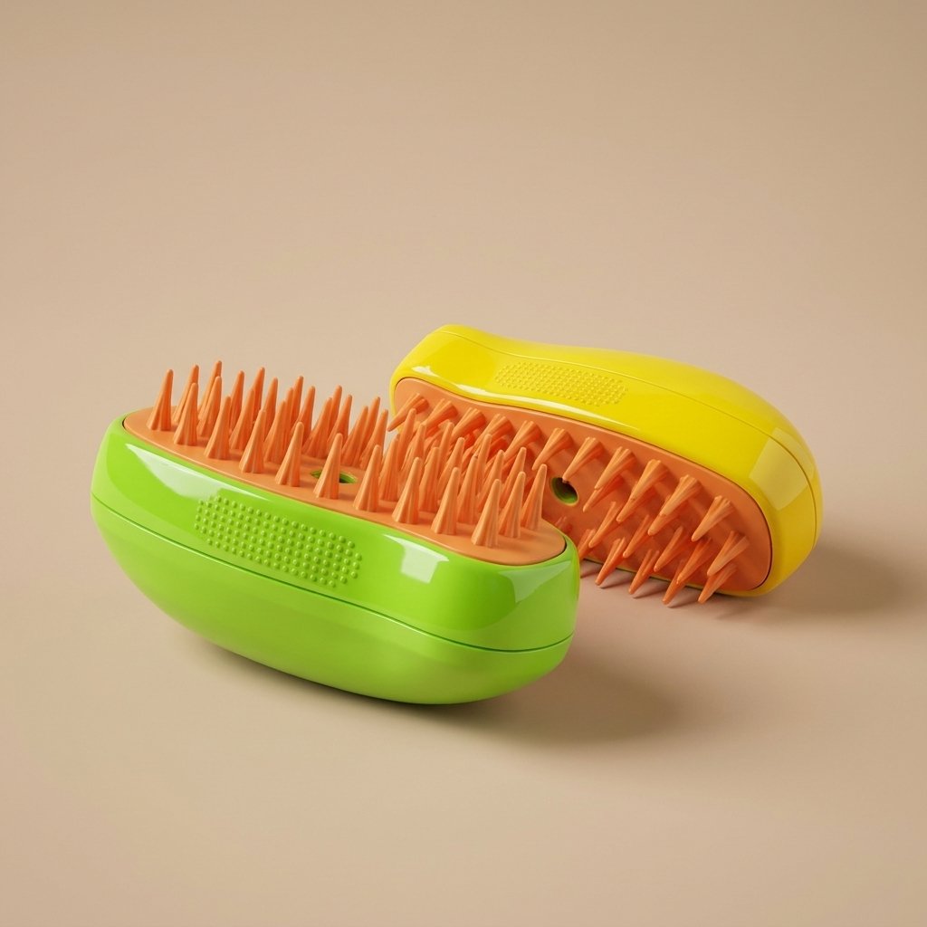 Lime green and yellow steamy cat brushes angled to show orange silicone bristles
