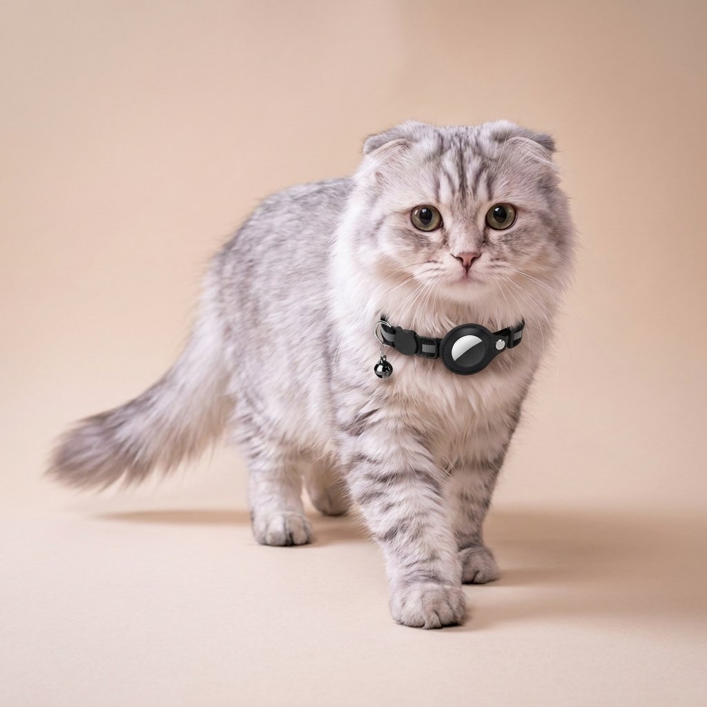 Grey Scottish Fold walking in black AirTag cat collar with bell, studio tan background