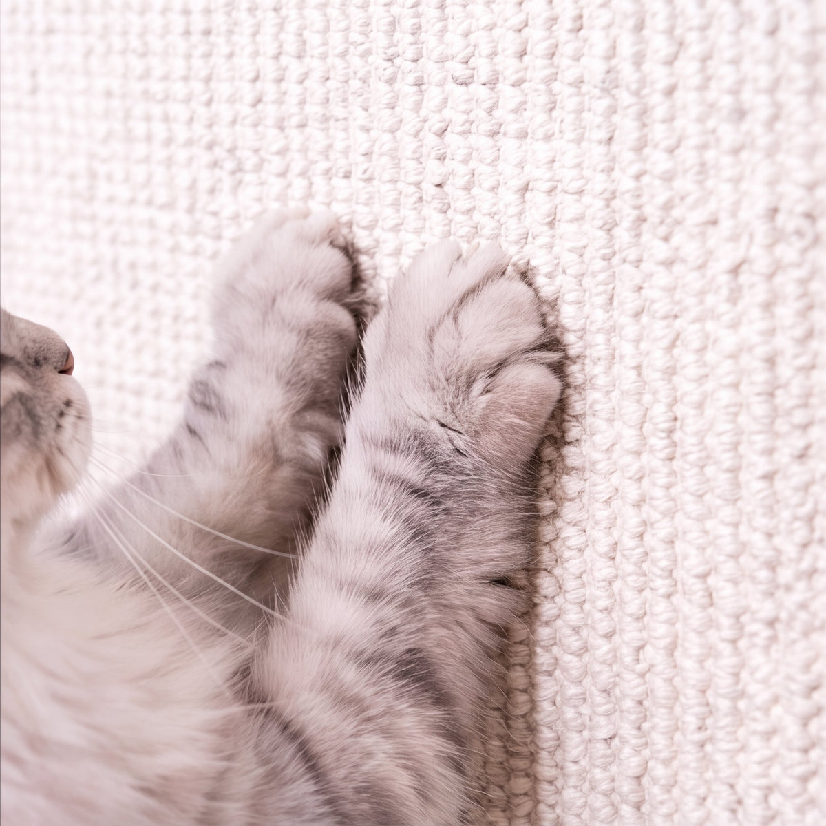 Close-up of grey tabby paws on woven cream sisal scratch surface