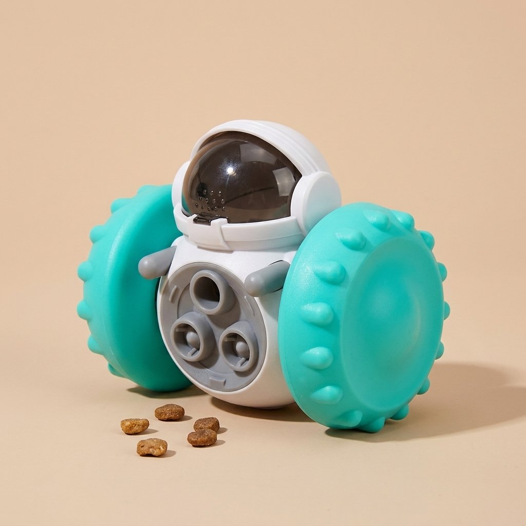 White treat dispenser toy with teal knobby wheels, front studio view