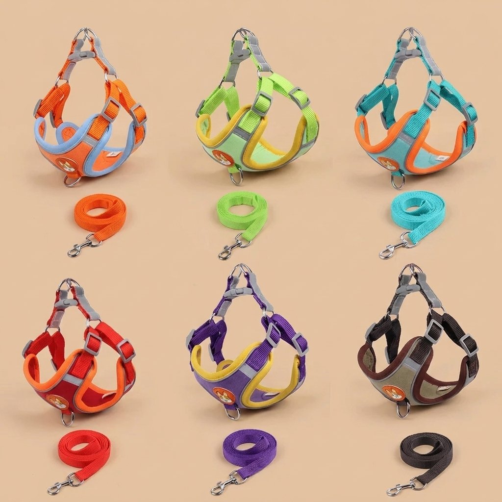 Casa Michi cat harness and leash all colors board, six padded sets with matching leashes