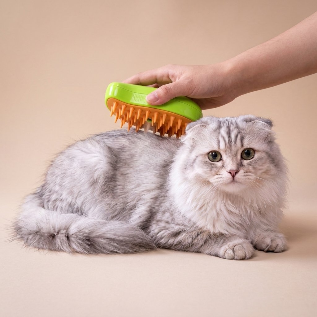 Hand holding a lime green steamy brush on a fluffy grey cat head and shoulders