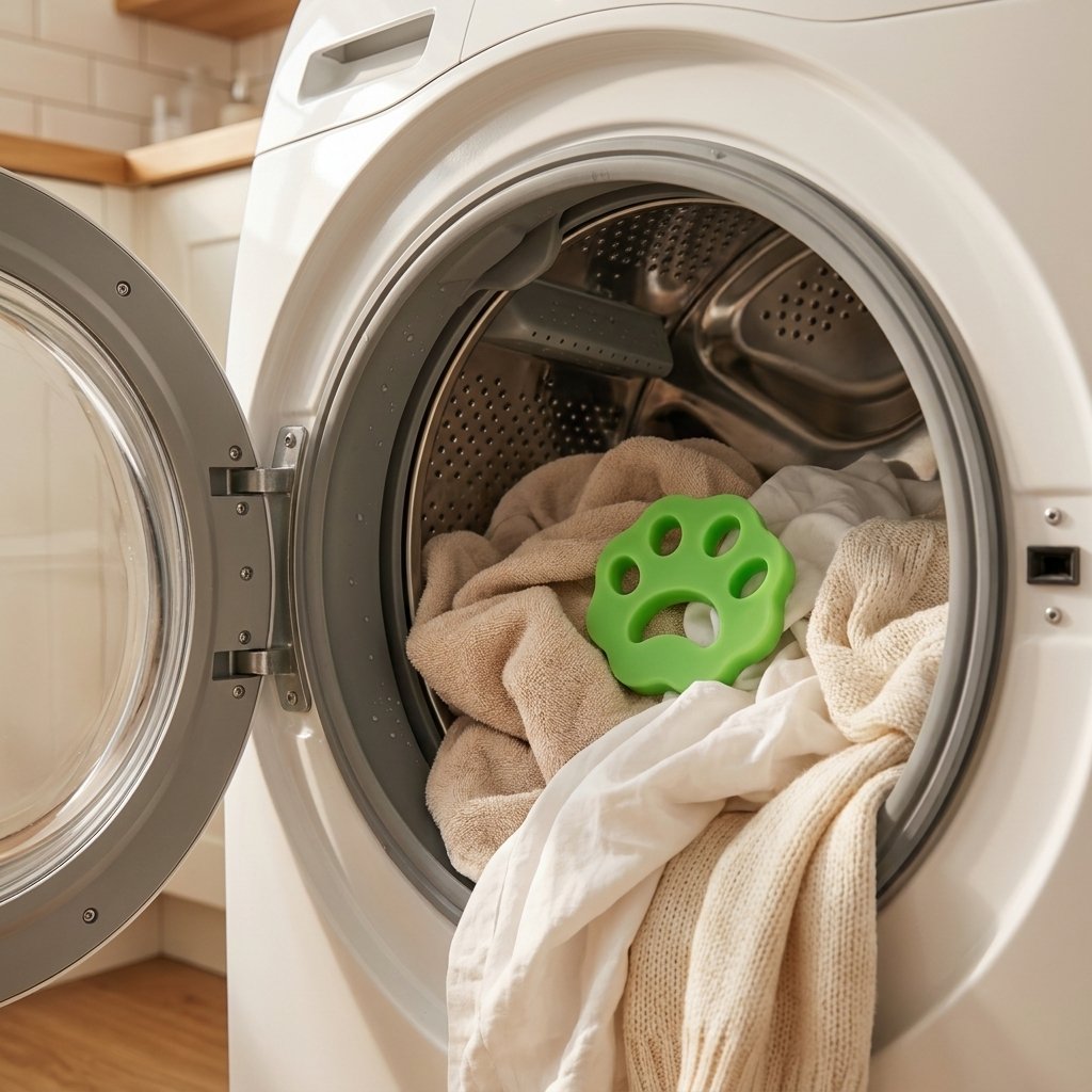 Lime green paw cat hair remover on laundry inside open front-load washer