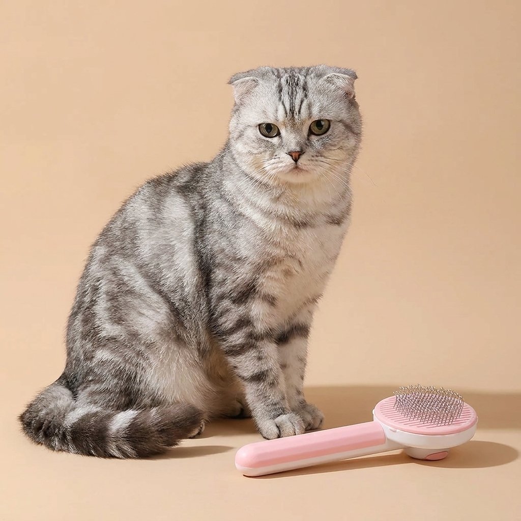 Grey cat sitting beside pastel self-cleaning slicker brush on tan background