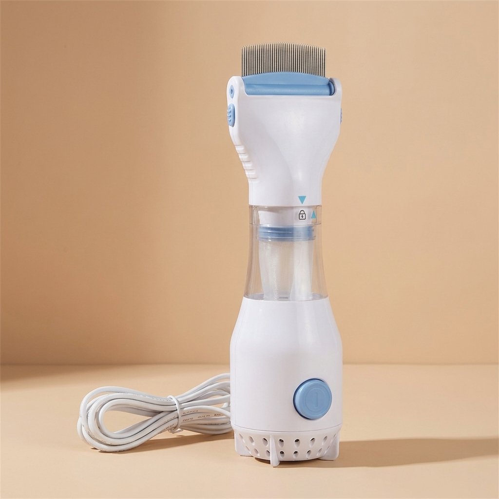 Electric flea comb product shot upright with coiled white power cord on tan background