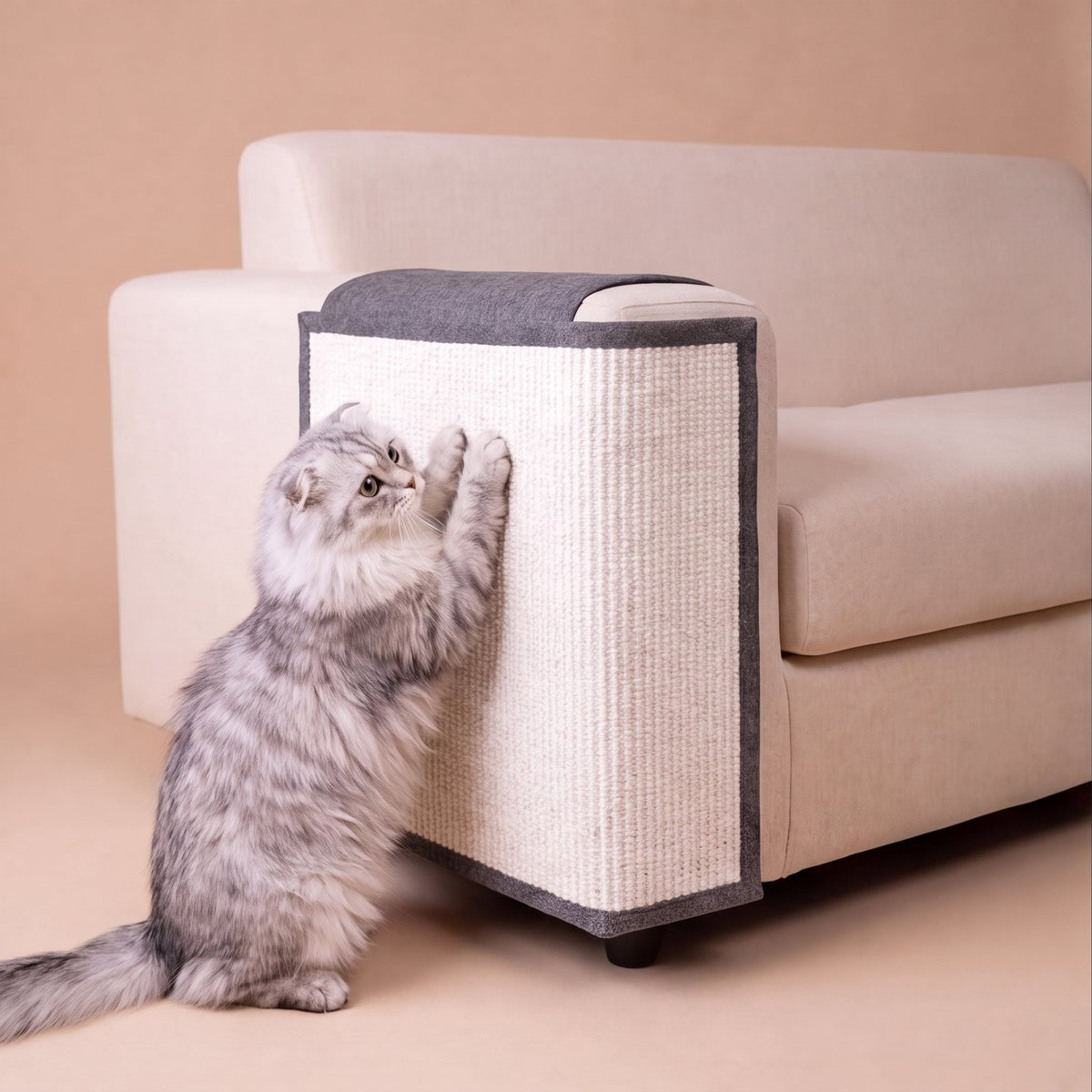 Grey fluffy cat profile scratching cream sisal sofa protector with grey border