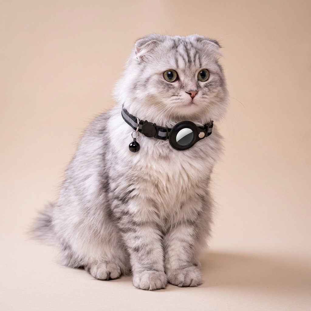 Grey Scottish Fold sitting in black reflective AirTag cat collar, front view