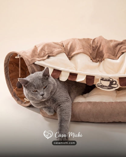 Plush interactive cat tunnel toy showing both entrances and dangling toys