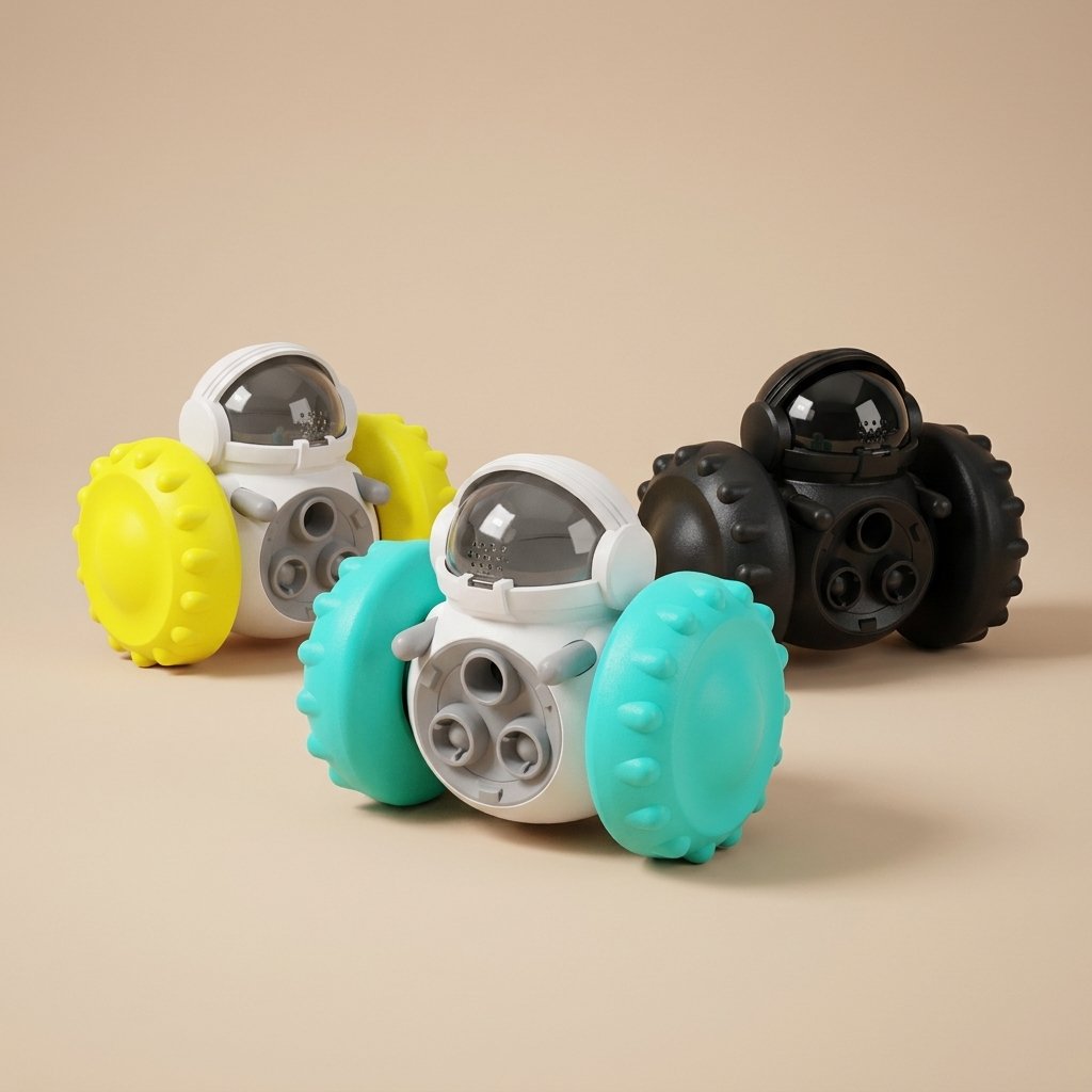 Three robot treat dispenser colorways grouped, teal yellow and black wheels