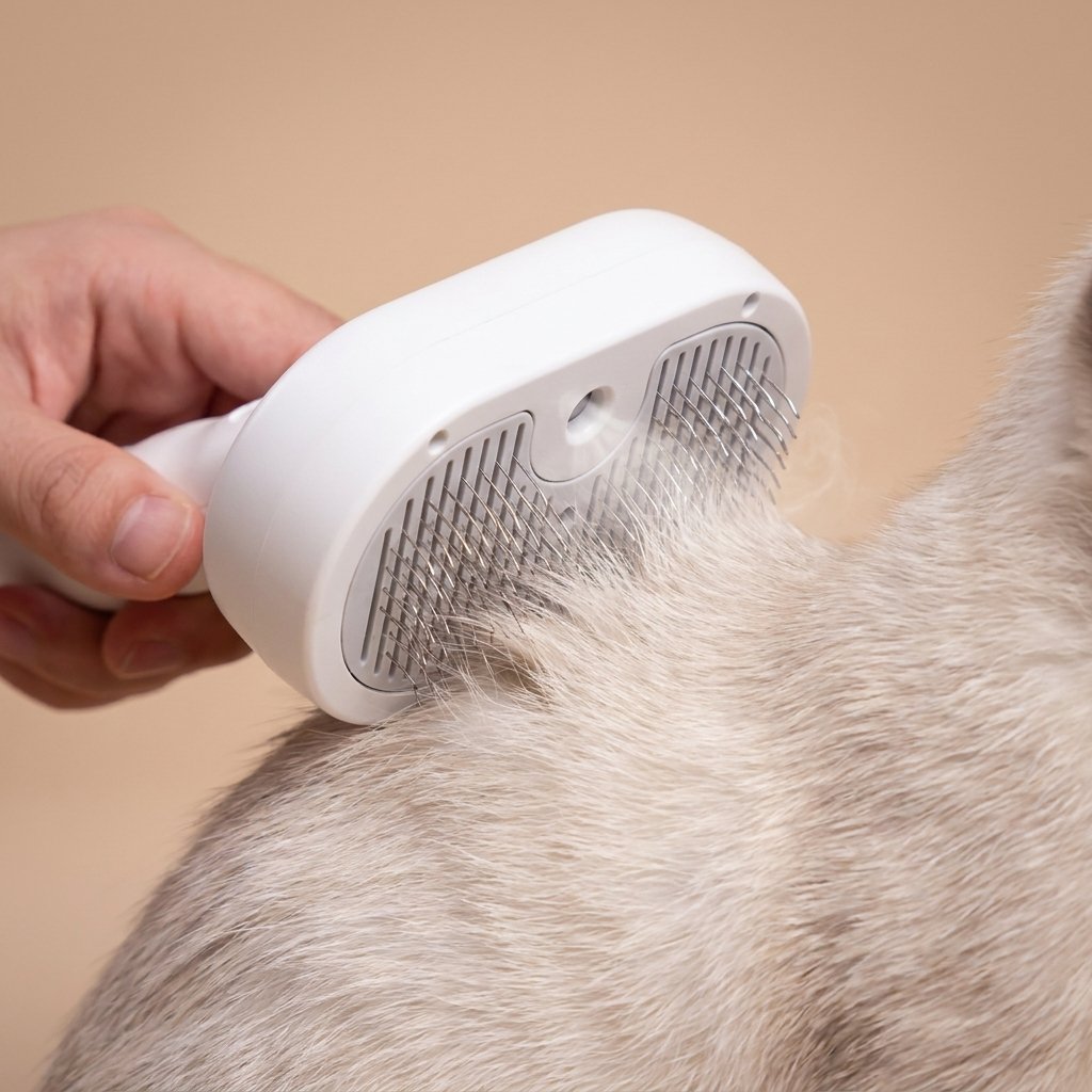 Hand grooming cat with white steam brush, mist and metal bristles on fur