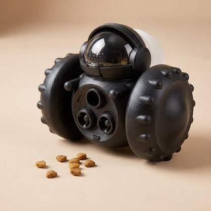 Black robot treat dispenser toy with matching dark wheels