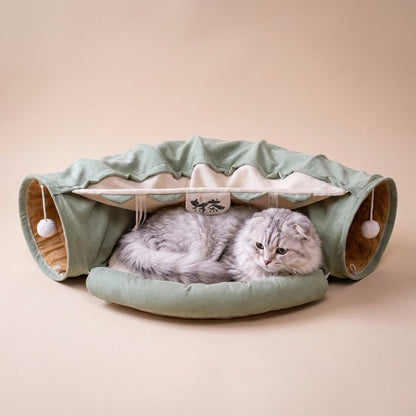 Cat tunnel bed side angle highlighting curved tunnel wrap and soft fabric