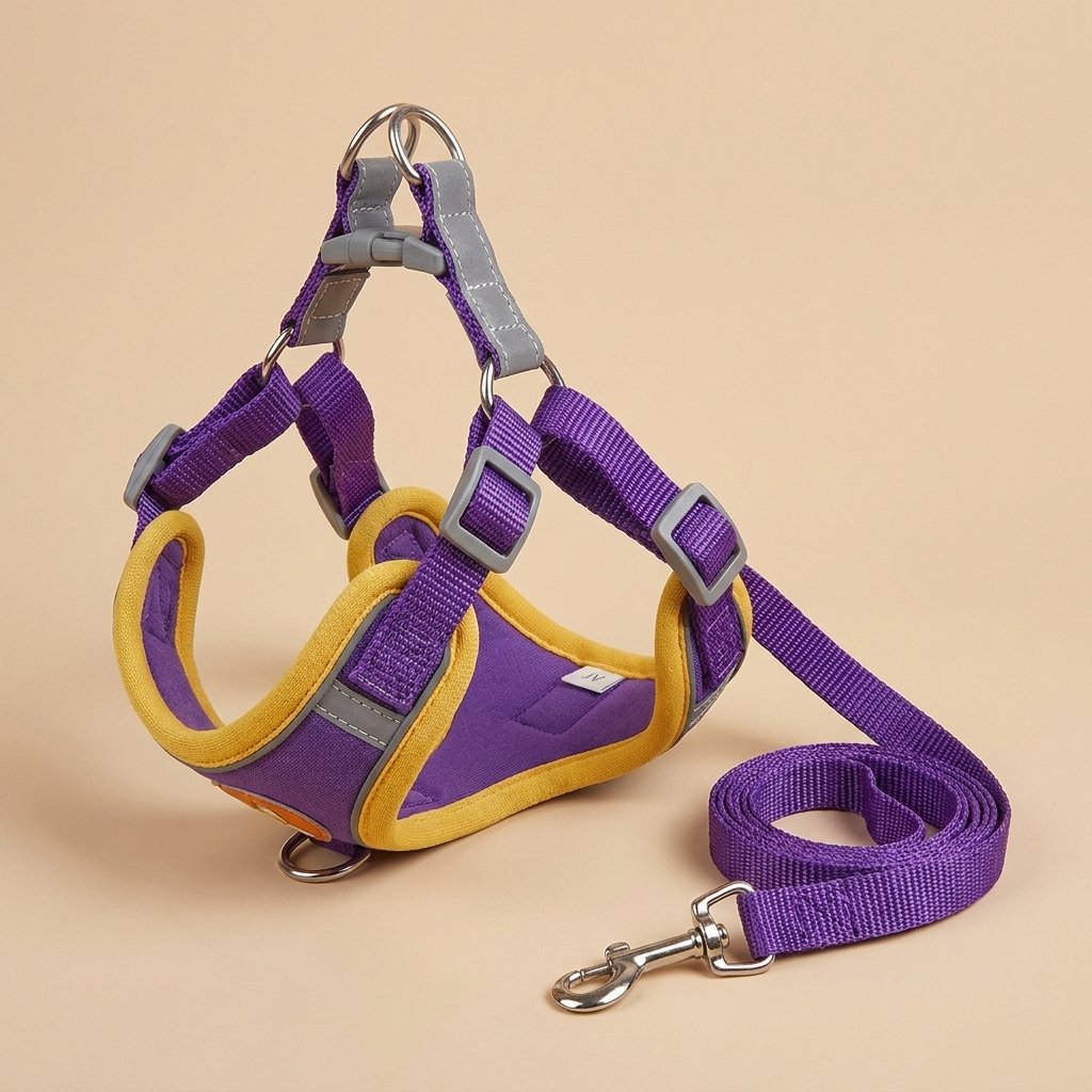Purple mesh cat harness with yellow trim and matching leash, studio product shot