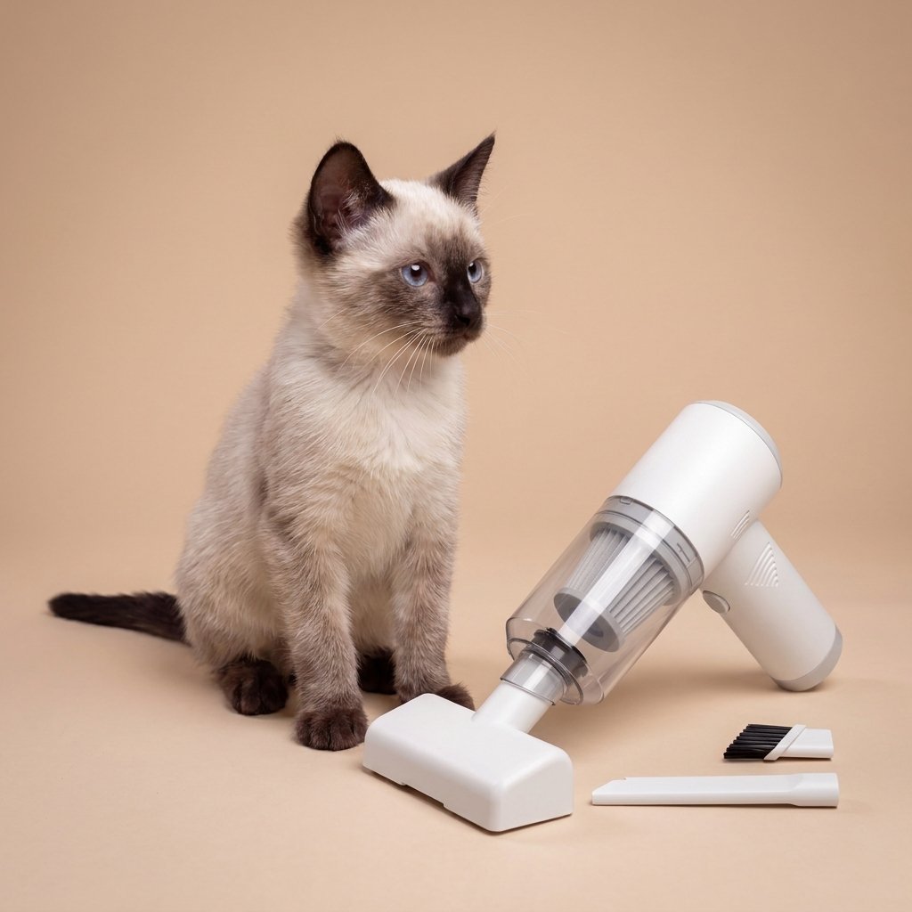 Siamese kitten beside white cordless cat vacuum with flat nozzle and extra attachments