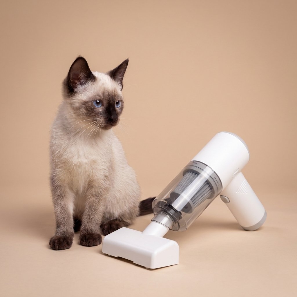 Siamese kitten with white handheld cordless vacuum and clear dust canister, studio shot