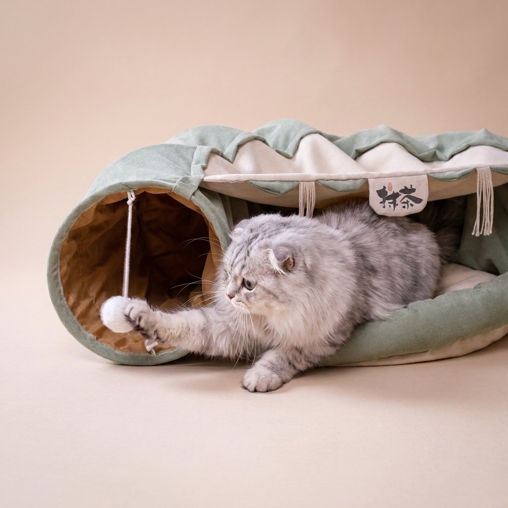 Grey tabby batting white pom-pom toy inside sage green cat tunnel bed