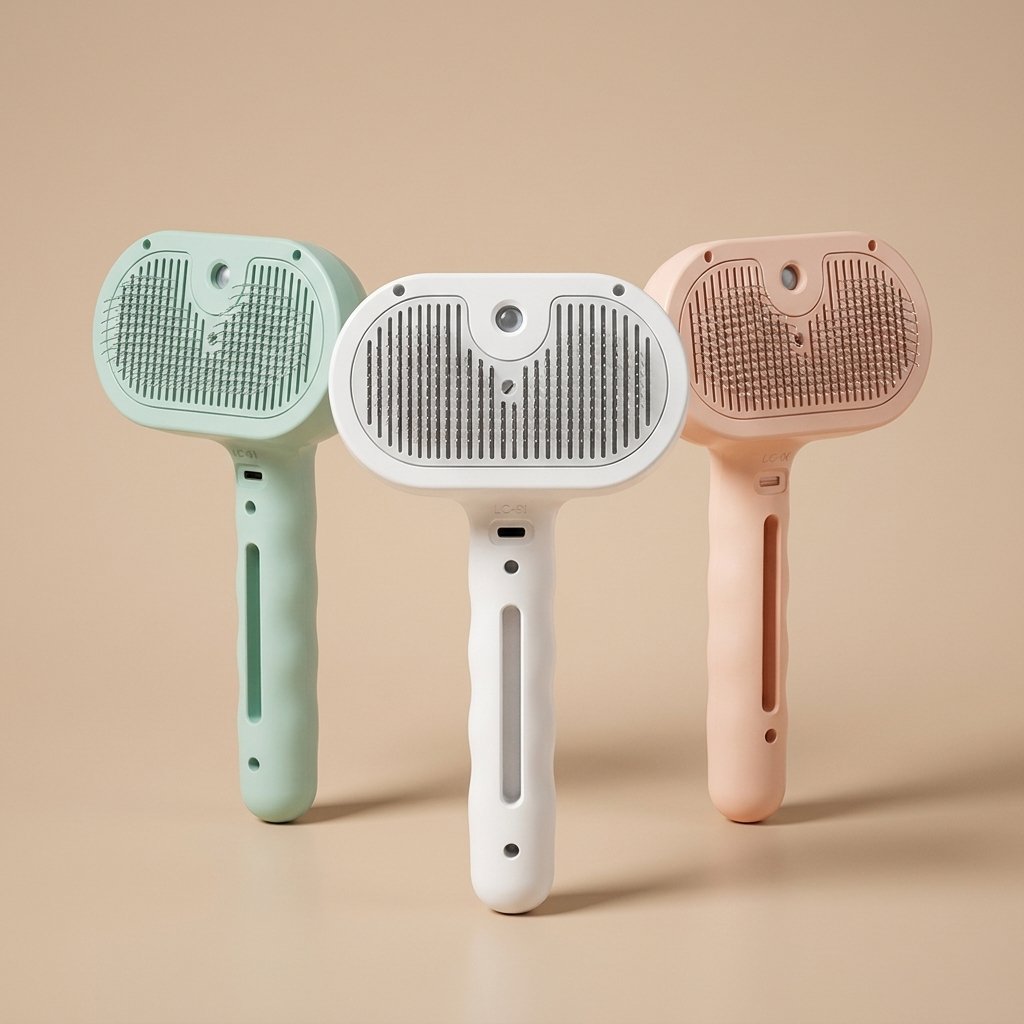 Three Casa Michi steam grooming brushes in green white and pink standing together