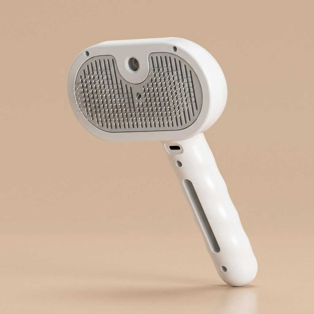 White steam grooming brush angled three-quarter view showing bristles and steam port