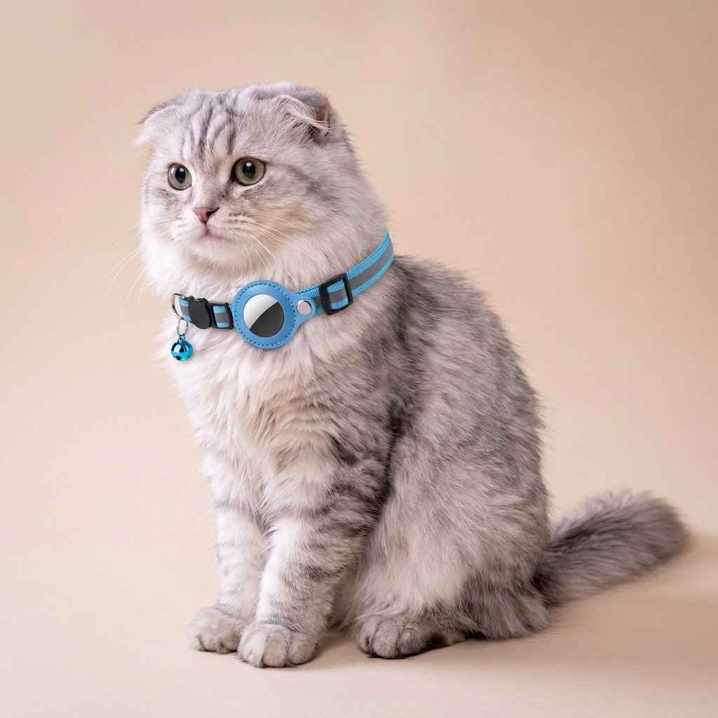 Grey Scottish Fold sitting in light blue AirTag cat collar with matching blue bell