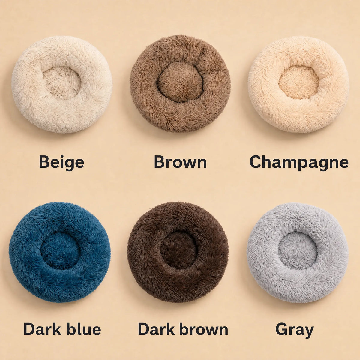 Casa Michi donut cat bed color chart: Beige, Brown, Champagne, Dark blue, Dark brown and Gray