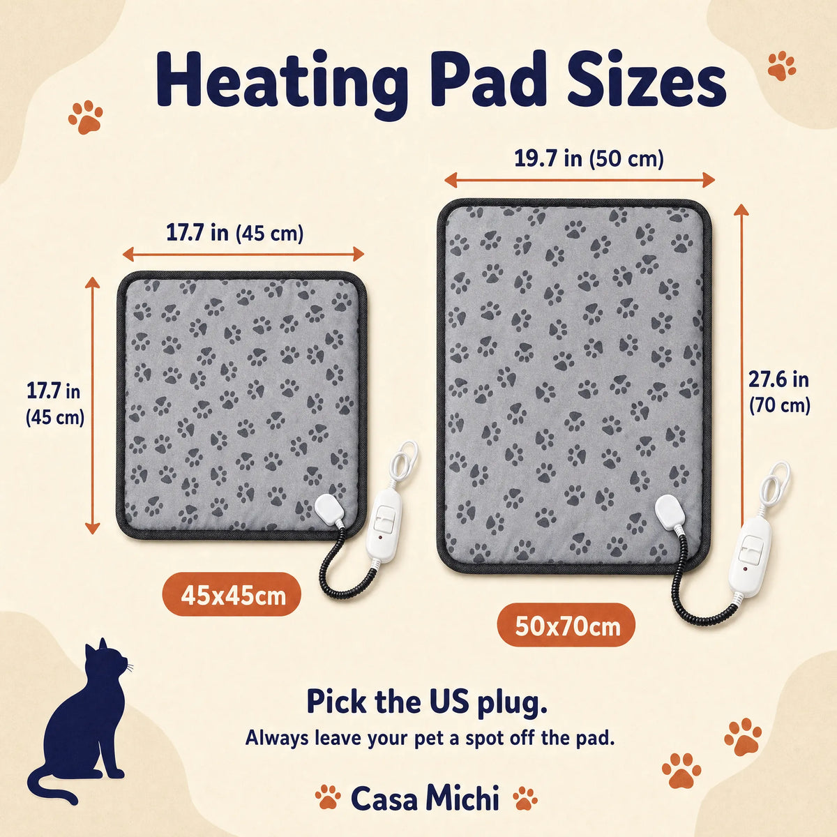 Casa Michi heating pad size guide: 17.7 x 17.7 in (45 x 45 cm) and 19.7 x 27.6 in (50 x 70 cm)